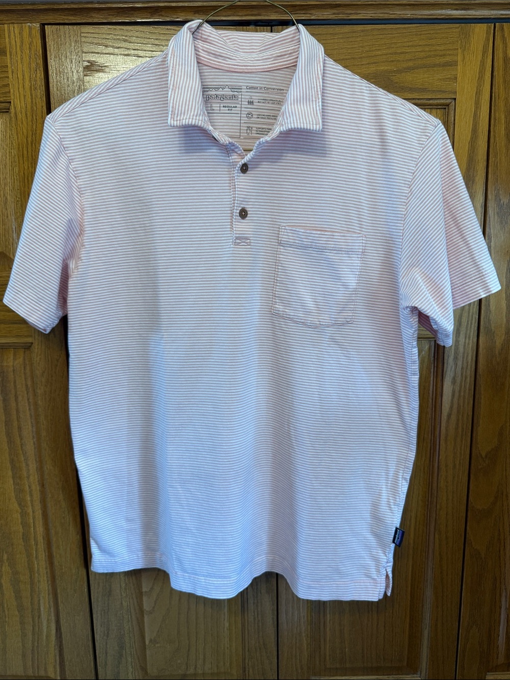Patagonia Light Pink & White Striped Men's Polo with Chest Pocket-Large